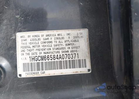 2004 Honda Accord 3.0 Ex from USA, damaged, VIN 1HGCM66584A070371